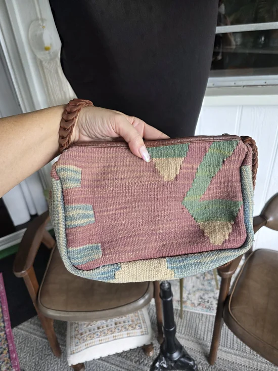 Vintage 90s Kilim Pink Multicolor Woven Crossbody Bag with Braided Brown Strap - Picture 7 of 15